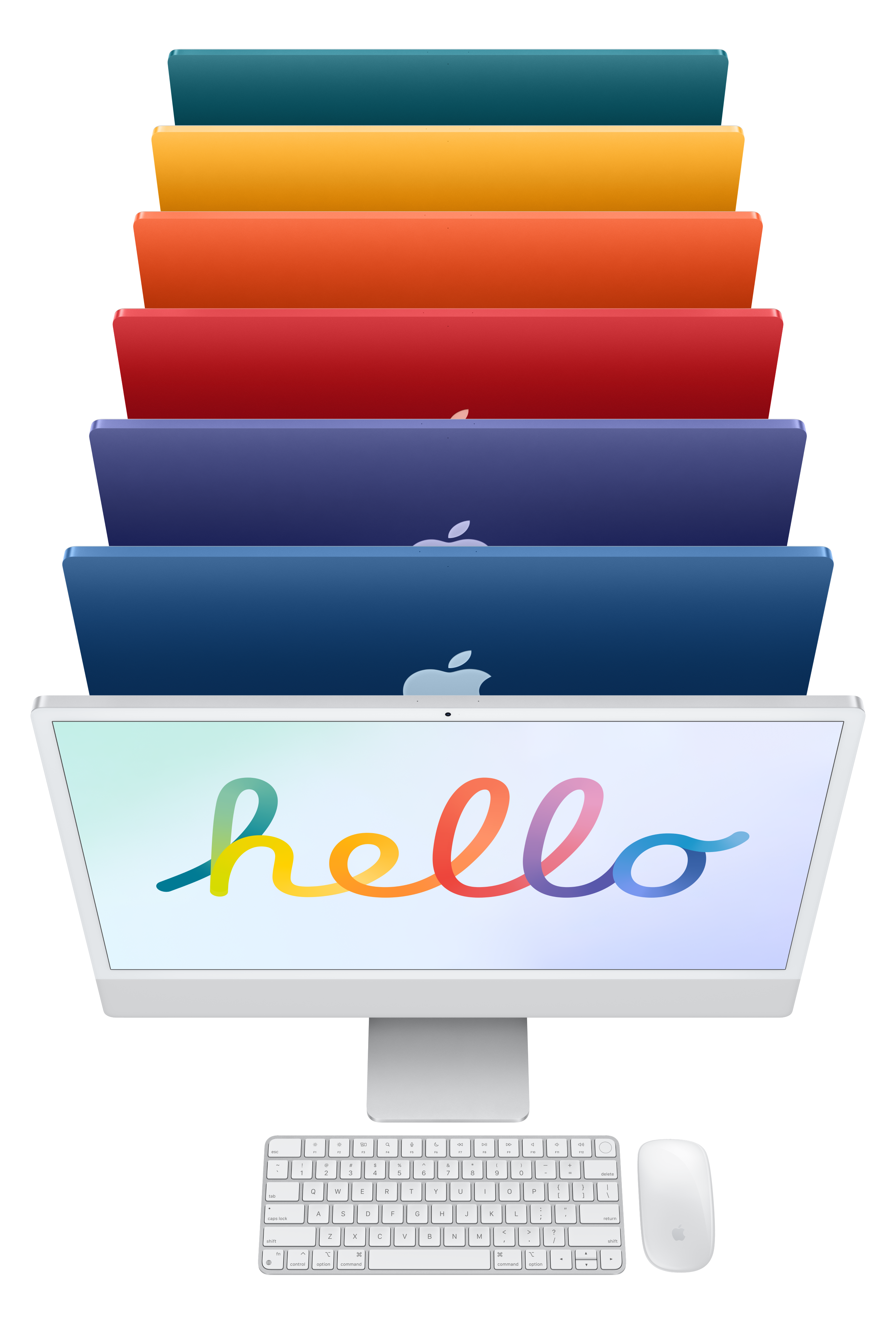 Silberner iMac mit farblich abgestimmtem Magic Keyboard und Magic Mouse, im Hintergrund iMacs in Grün, Gelb, Orange, Rosé, Violett, Blau.